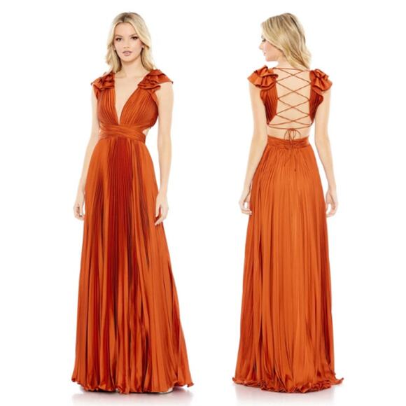 Ieena for Mac Duggal 26729 Satin Pleated Plunge Neck Lace Up Back Gown Size 2 - Picture 1 of 9